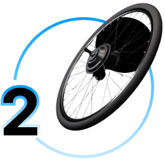 A close up of a hub motor with bicycle rim and spokes on a black background.